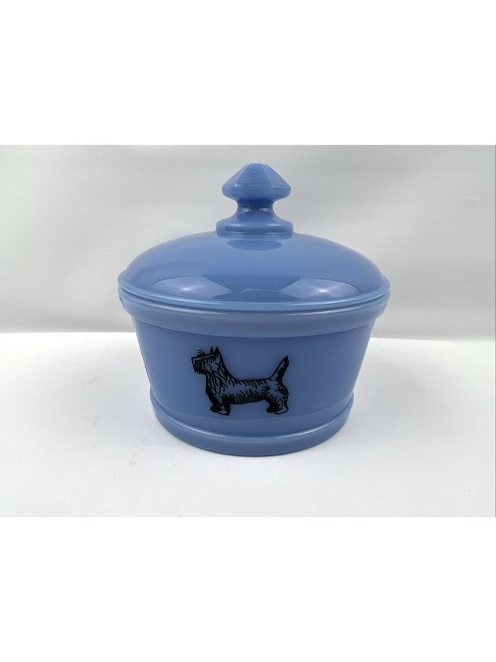 Mosser Blue Milk Glass Lidded Bowl Dish Container Scottie Scottish Terrier Dog